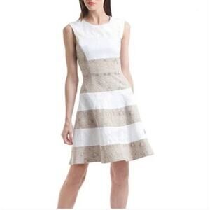 Badgley Mischka Belle Beige White Tan Lace Embroidered Fit and Flare Dress sz 4